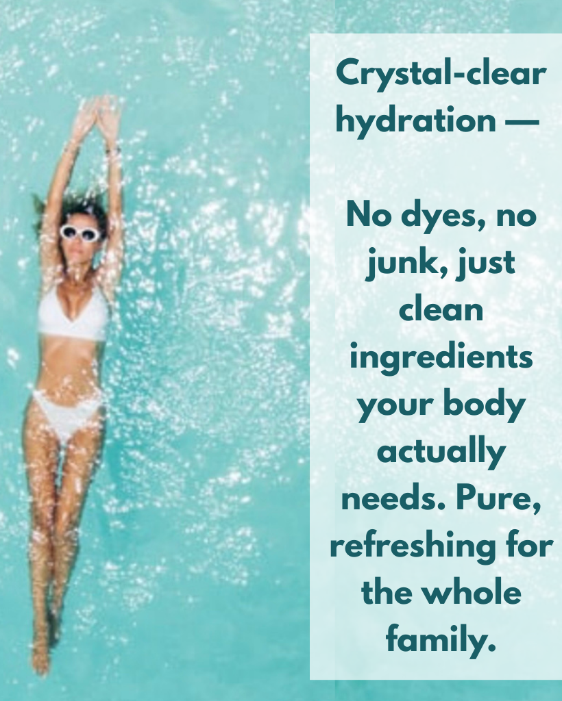 Woman swimming in clear water with text about crystal-clear hydration.