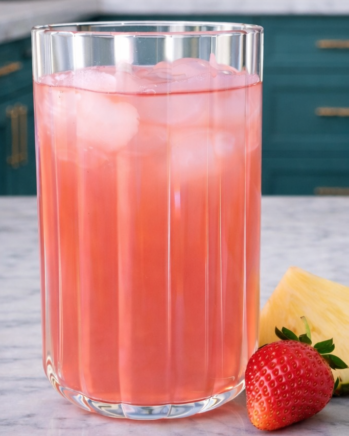 Glass of pink drink with ice, pineapple, strawberry, and marble countertop