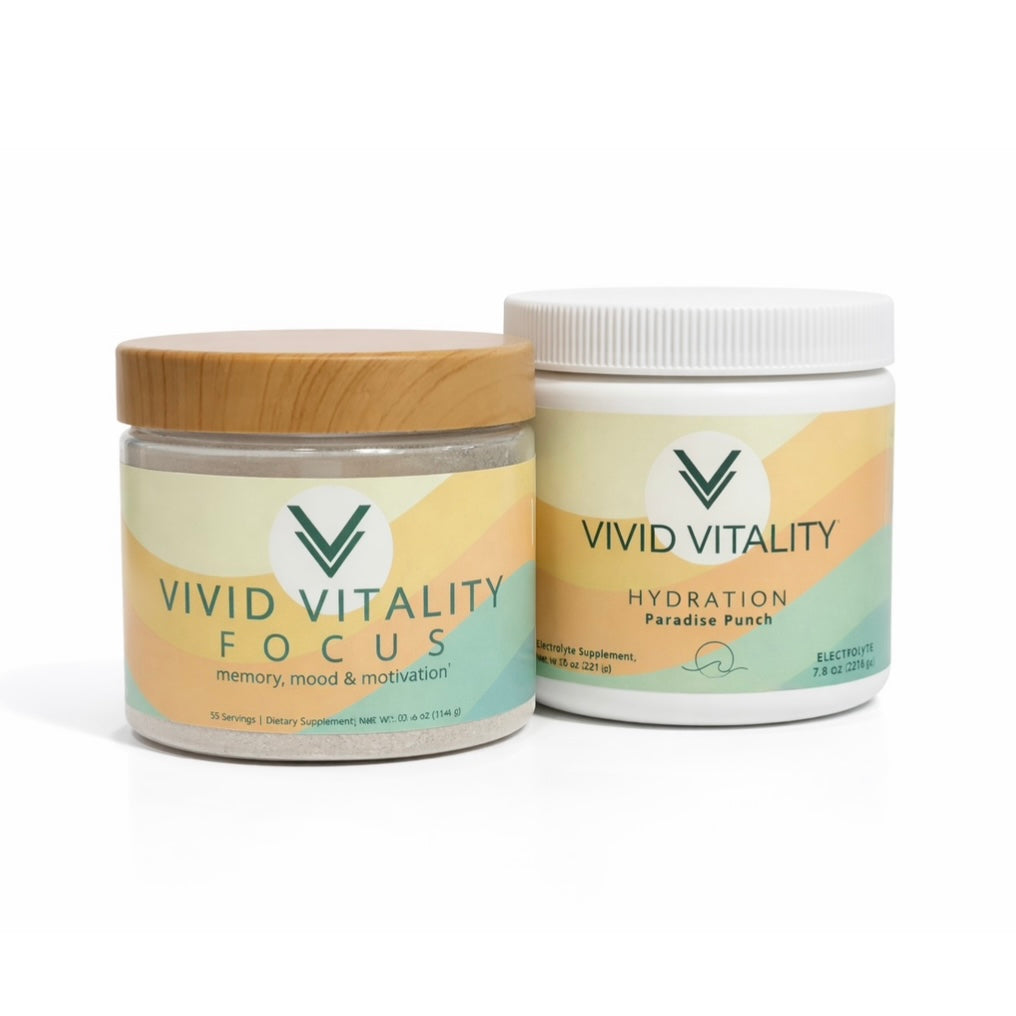 Two containers of Vivid Vitality products on a white background